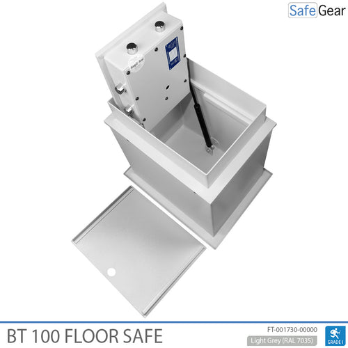 BT 100 underfloor safe with the cover removed and the door open upwards