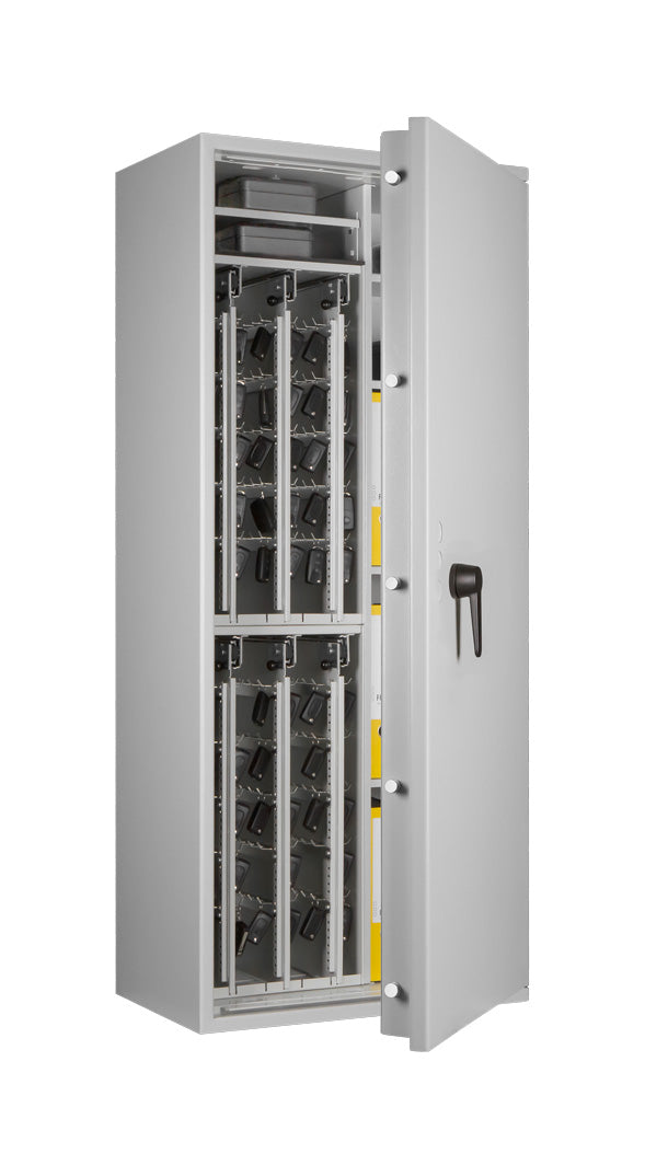 STC 3-360 AS Kombi car key safe in Light Grey, door open at 45 degrees with car keys on the key walls